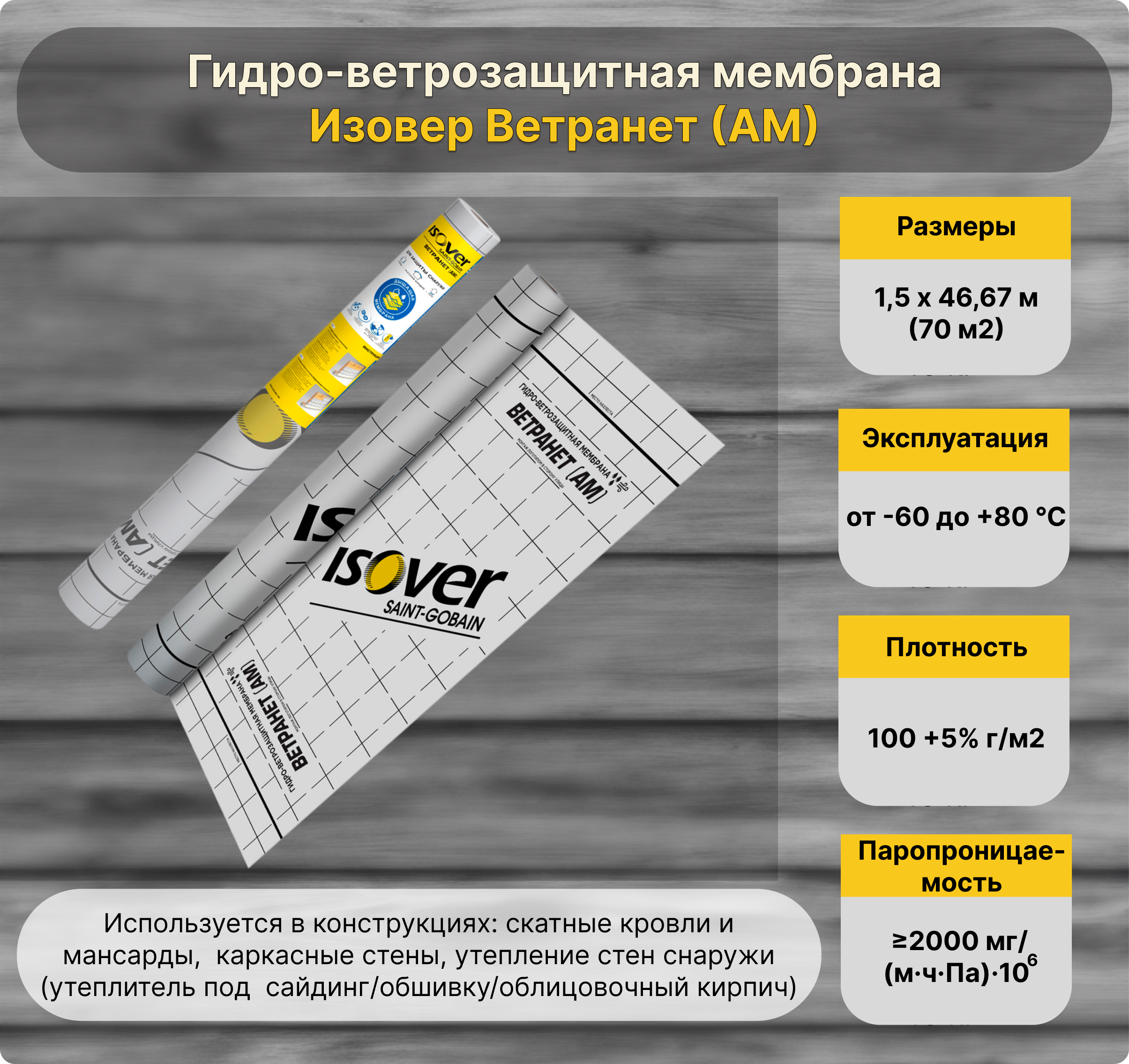 картинка Isover Гидро-ветрозащита Ветранет AM (70 м2) от базы строительно-отделочных материалов